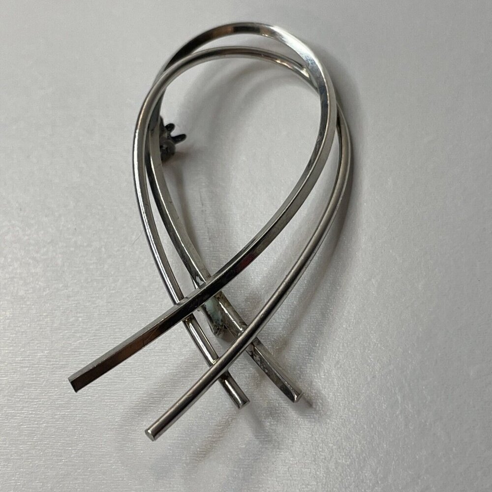 ISRAEL 925 Signed Sterling Silver Vintage Open Double Ribbon Brooch Pin AL5.7